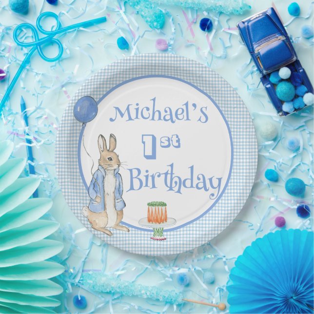 Cute Rabbit Blue 1st Birthday Party Paper Plate (Party)