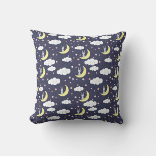 Cute Rabbit Bunnies On Moon With Clouds Pink Stars Cushion