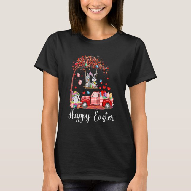 Cute Rabbit Bunnies Red Truck Egg Hunting Happy Ea T-Shirt (Front)