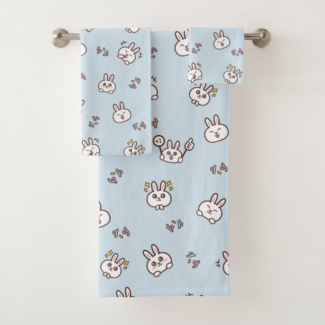 Cute rabbit bunny emoticons blue bath towel set (Insitu)