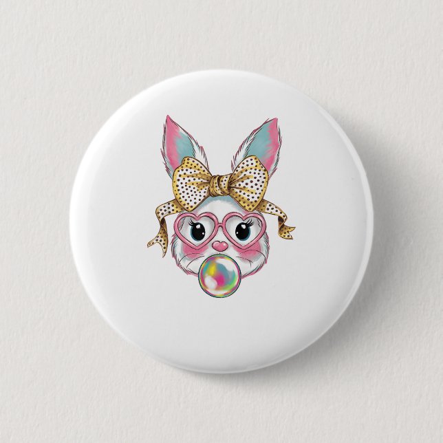 Cute Rabbit Bunny Face Blowing Bubble Gum Easter D 6 Cm Round Badge (Front)