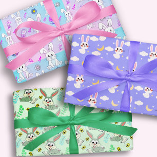 Cute Rabbit Bunny Illustration Pink Green Lavender Wrapping Paper Sheet