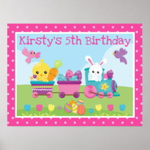 Cute Rabbit, Chick & Chocolate Eggs Train Birthday Poster