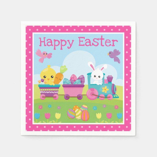 Cute Rabbit, Chick & Chocolate Eggs Train Easter Napkin (Front)