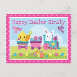Cute Rabbit, Chick & Chocolate Eggs Train Easter Postcard