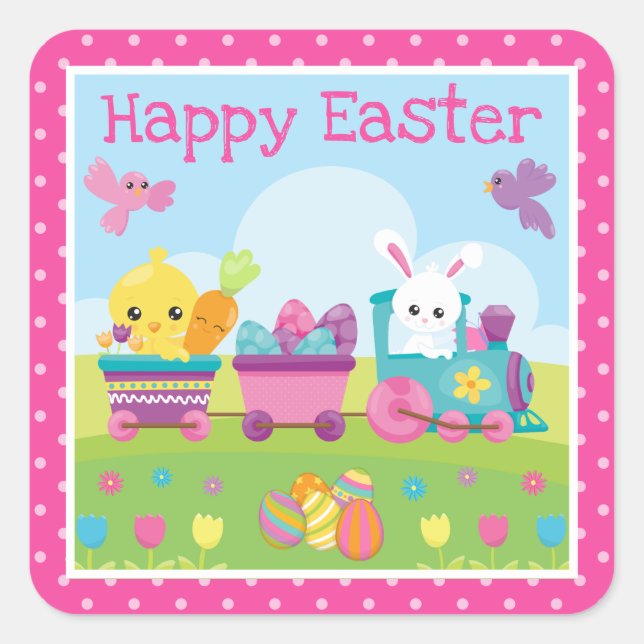 Cute Rabbit, Chick & Chocolate Eggs Train Easter Square Sticker (Front)