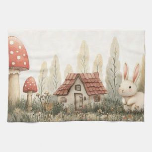 Cute Rabbit, Cottage, Mushrooms Fairy Tale Art Tea Towel