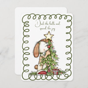 Cute Rabbit Decorating the Christmas Tree Holiday Card