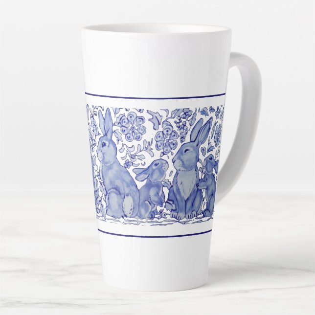 Cute Rabbit Family Blue White Delft Dedham Mug (Right Angle)