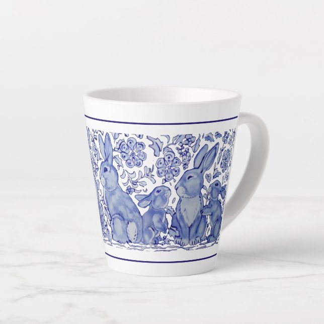 Cute Rabbit Family Blue White Delft Dedham Mug (Right Angle)
