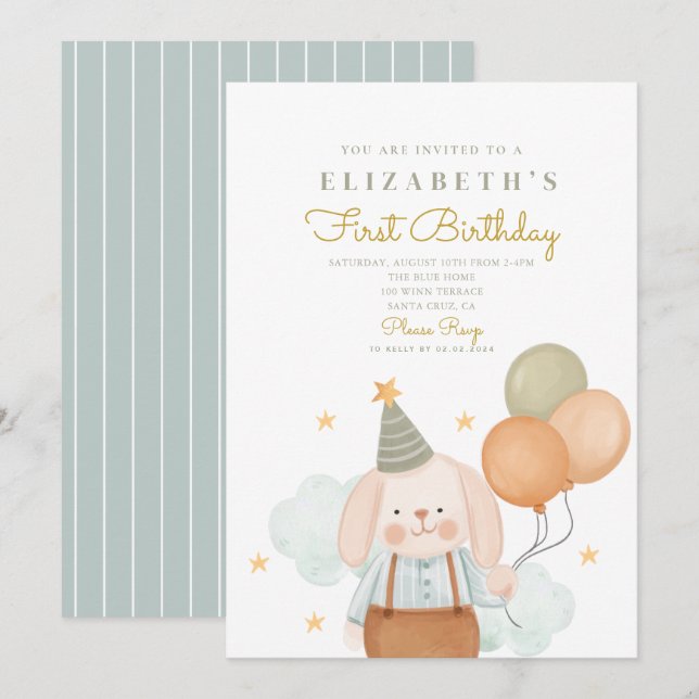 Cute Rabbit First Birthday 1st Birthday Invitation (Front/Back)