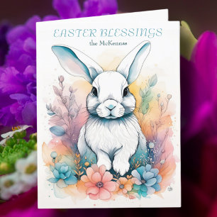 Cute Rabbit Floral Watercolor Easter Card