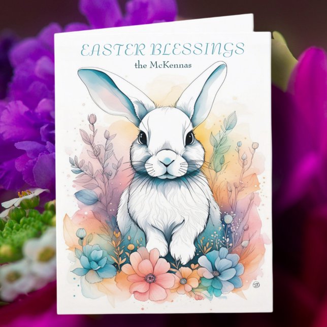 Cute Rabbit Floral Watercolor Easter Card (Creator Uploaded)