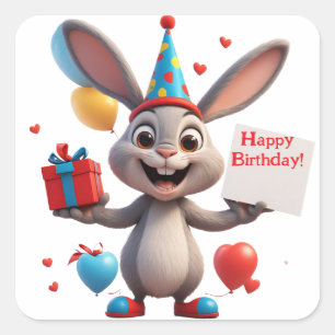 Cute Rabbit Holding Birthday Sign 🐇 Square Sticker
