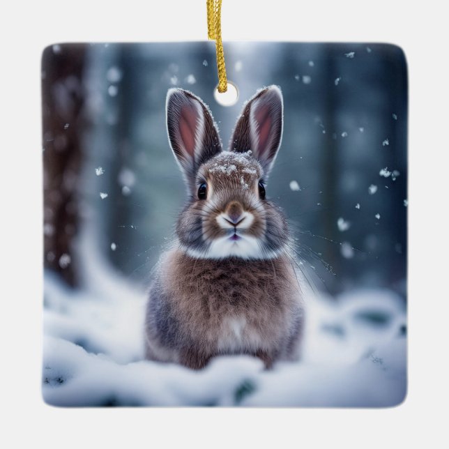 Cute Rabbit In Snow Covered Forest Ceramic Ornam Ornament (Front)