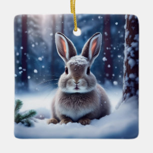 Cute Rabbit In Snow Covered Forest Ceramic Ornam Ornament