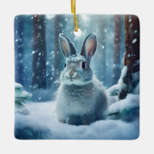 Cute Rabbit In Snow Covered Forest Ceramic Ornam Ornament
