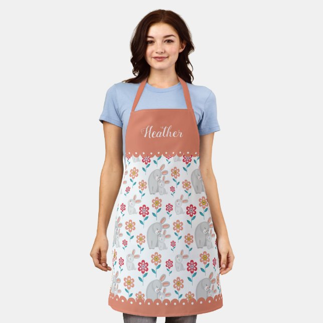 Cute rabbit mother and bunny flowers pattern coral apron (Worn)