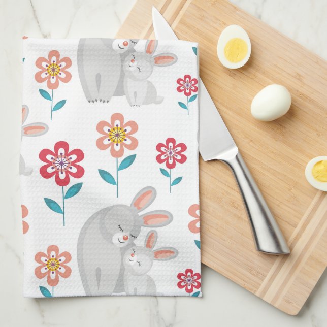 Cute rabbit mother and bunny, flowers pattern tea towel (Quarter Fold)