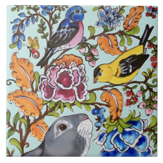 Cute Rabbit Mural Floral Aqua Bkgrd Top Half   Tile (Front)