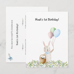 Cute Rabbit On A Picnic With Balloons Invitation Postcard