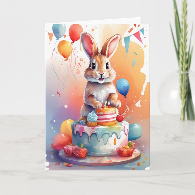 Cute rabbit on cake celebrating! | Card (Front)
