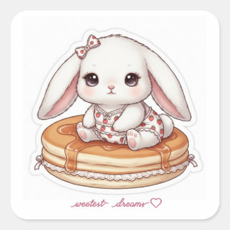 Cute Rabbit on Fluffy Pancake-Pancake Pajama Bunny Square Sticker