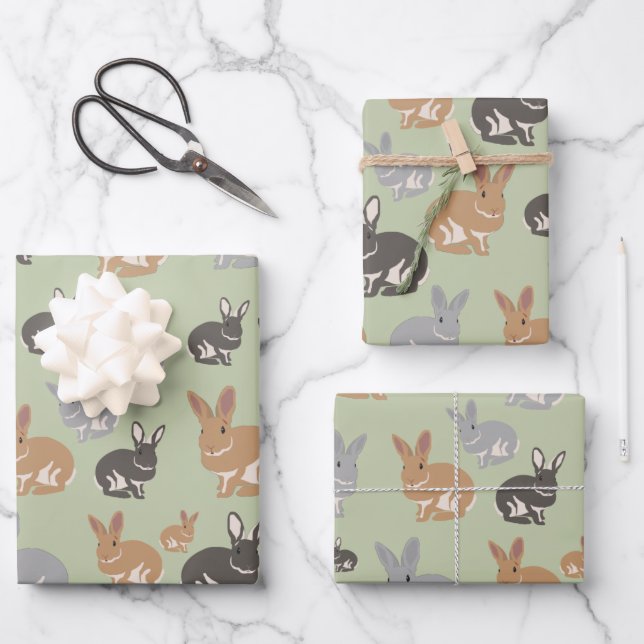 Cute Rabbit Pattern Neutral Colours Wrapping Paper Sheet (Front)
