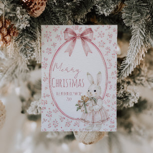 Cute Rabbit Pink Bow Whimsical Merry Christmas Holiday Card