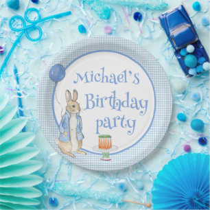 Cute Rabbit Plaid Boys Birthday Party Paper Plate