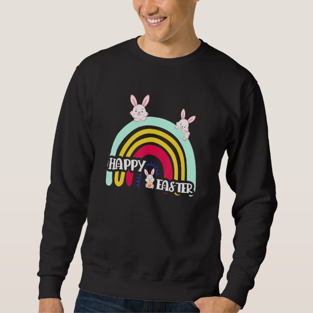 Cute Rabbit Rainbow Easter Eggs Bunny Happy Easter Sweatshirt (Front)