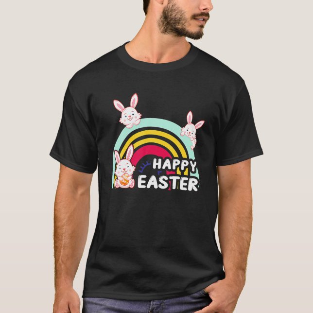 Cute Rabbit Rainbow Easter Eggs Bunny Happy Easter T-Shirt (Front)