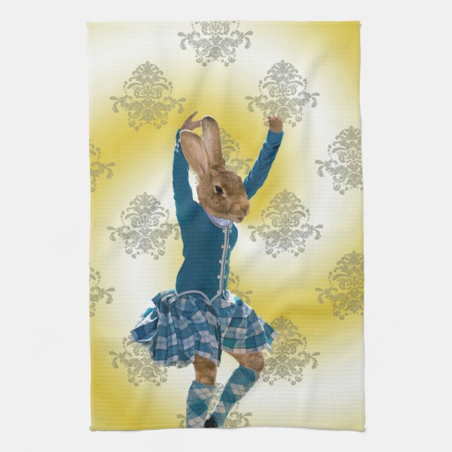 Cute rabbit Scottish highland dancer Tea Towel (Vertical)