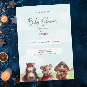 Cute Rabbit Squirrel Mouse Blue Baby Shower  Invitation