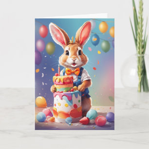 Cute rabbit standing by cake celebrating! Card