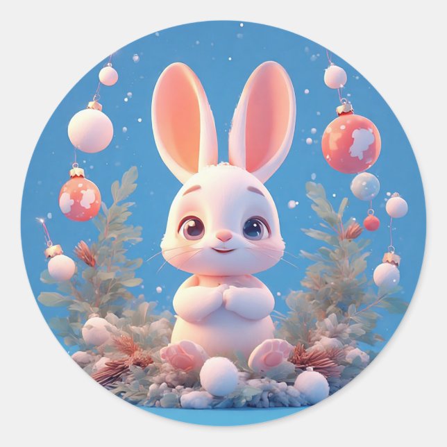 Cute Rabbit Surrounded by Decorations Classic Round Sticker (Front)