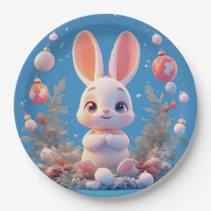 Cute Rabbit Surrounded by Decorations Paper Plate