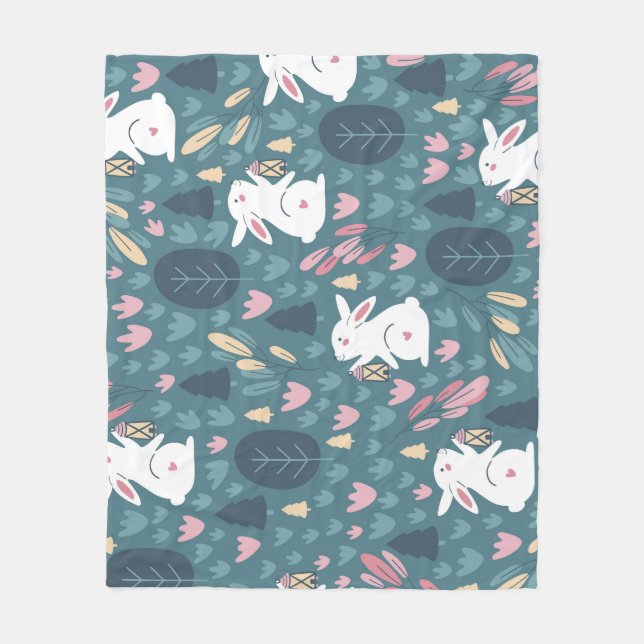 Cute rabbit: vintage seamless print. fleece blanket (Front)