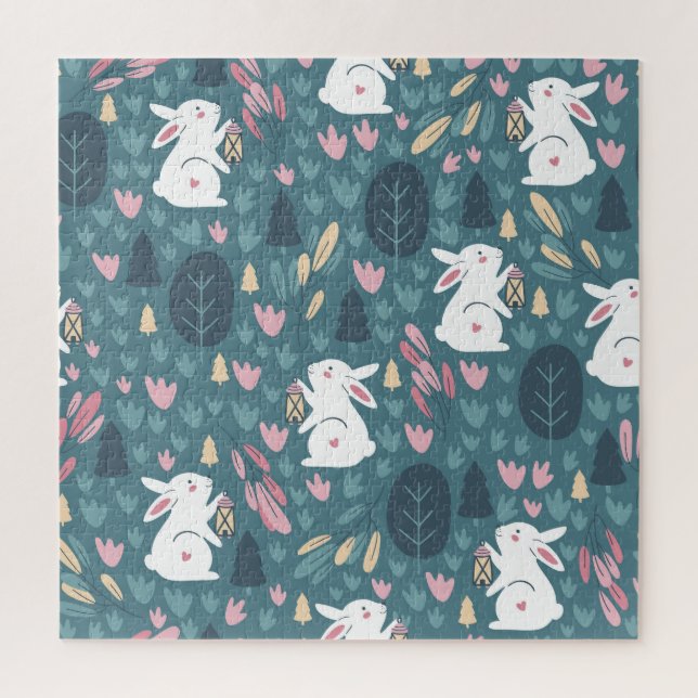 Cute rabbit: vintage seamless print. jigsaw puzzle (Vertical)