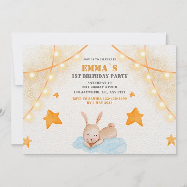 Cute rabbit watercolor Baby First Birthday party  Invitation (Front)
