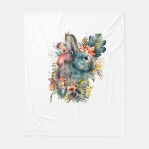Cute Rabbit Watercolor with flower Fleece Blanket
