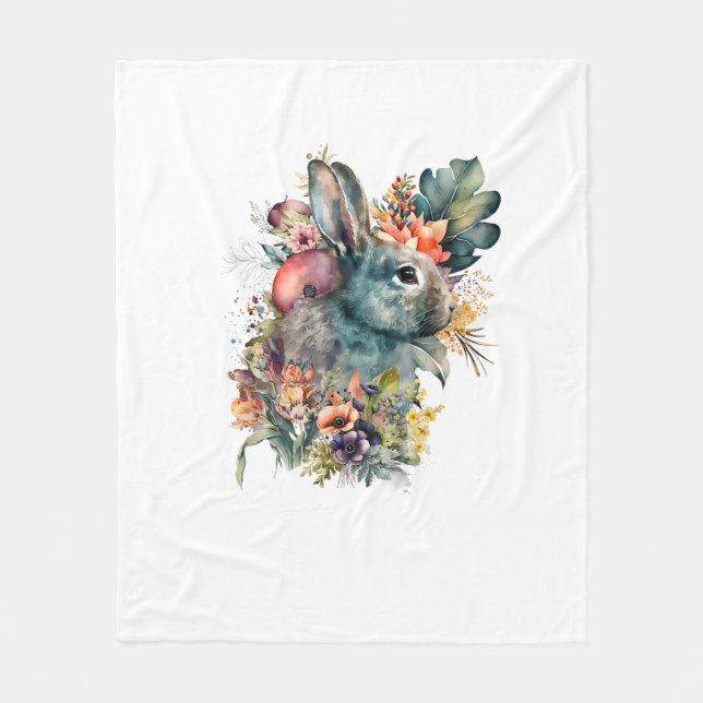 Cute Rabbit Watercolor with flower  Fleece Blanket (Front)