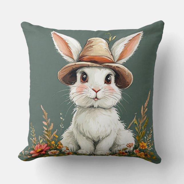 Cute Rabbit Wearing a Hat Cushion (Front)