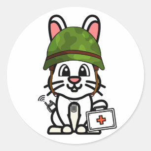 Cute Rabbit Wearing army helmet Classic Round Sticker