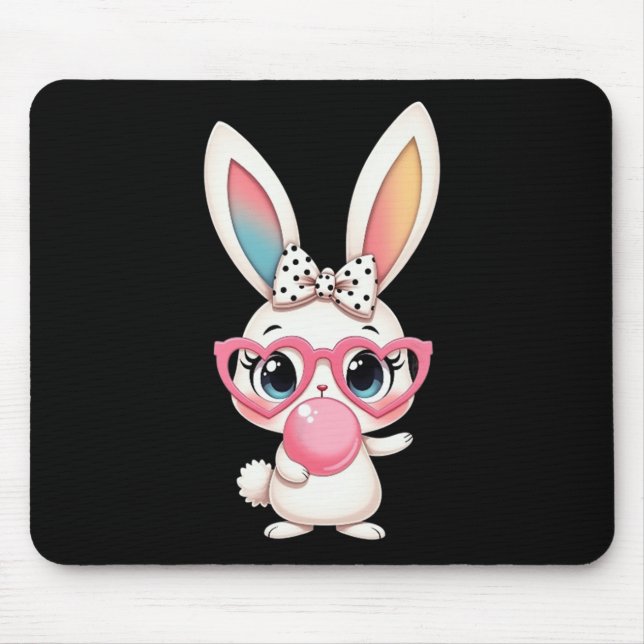 Cute Rabbit Wearing Pink Gles With A Polka Dot Bow Mouse Pad (Front)