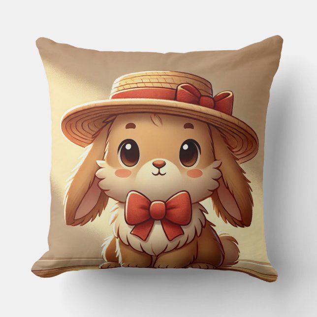 Cute Rabbit Wearing Straw Hat Cushion (Front)
