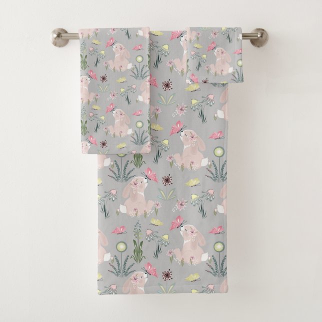 cute rabbit with flowers and butterflies bath towel set (Insitu)
