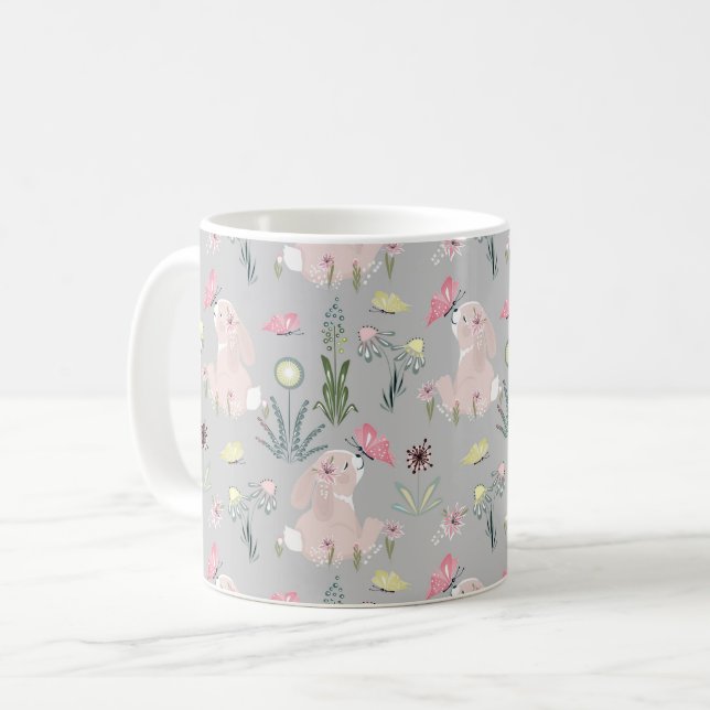 cute rabbit with flowers and butterflies coffee mug (Front Left)