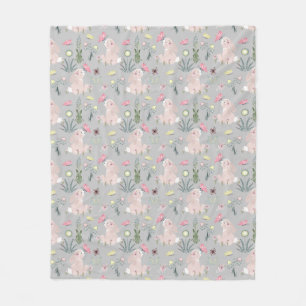 cute rabbit with flowers and butterflies fleece blanket