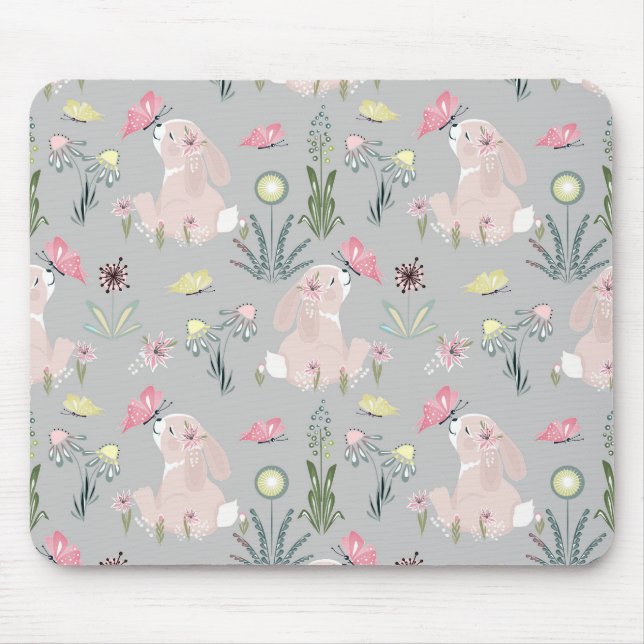 cute rabbit with flowers and butterflies mouse pad (Front)